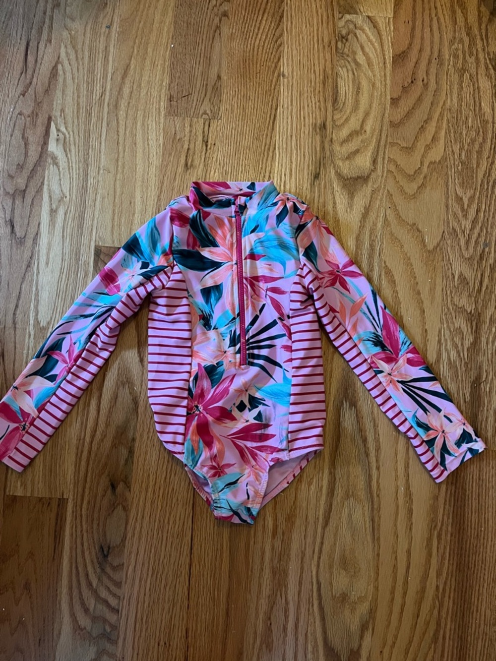 Jessica Simpson Kids Pink Floral & Stripe Long Sleeve Rashguard Swimsuit, 18 mo